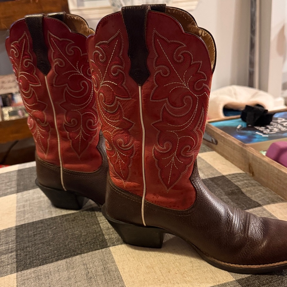 Ariat Red and Brown Western Boots- size shoes 8 but fit is small.